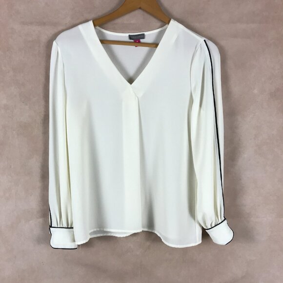 VINCE CAMUTO Ivory Contrast Piping Crepe Blouse XS - Picture 3 of 9